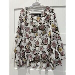INC International Concepts Top size Large White Floral Tunic V-Neck Long Sleeve